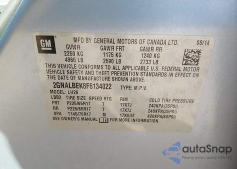 2015 Chevrolet Equinox 1Lt z USA, uszkodzony, nr VIN 2GNALBEK8F6134022